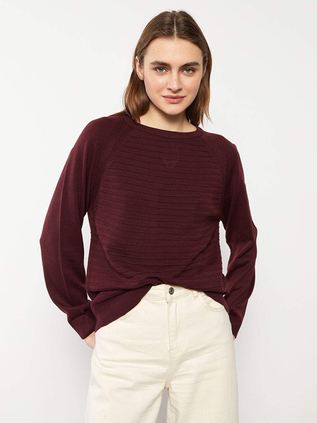 Bordo Bisiklet Yaka Kendinden Desenli Uzun Kollu Kadın Triko Kazak-2