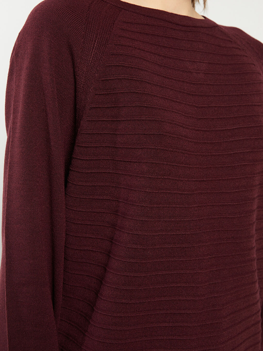 Bordo Bisiklet Yaka Kendinden Desenli Uzun Kollu Kadın Triko Kazak-3