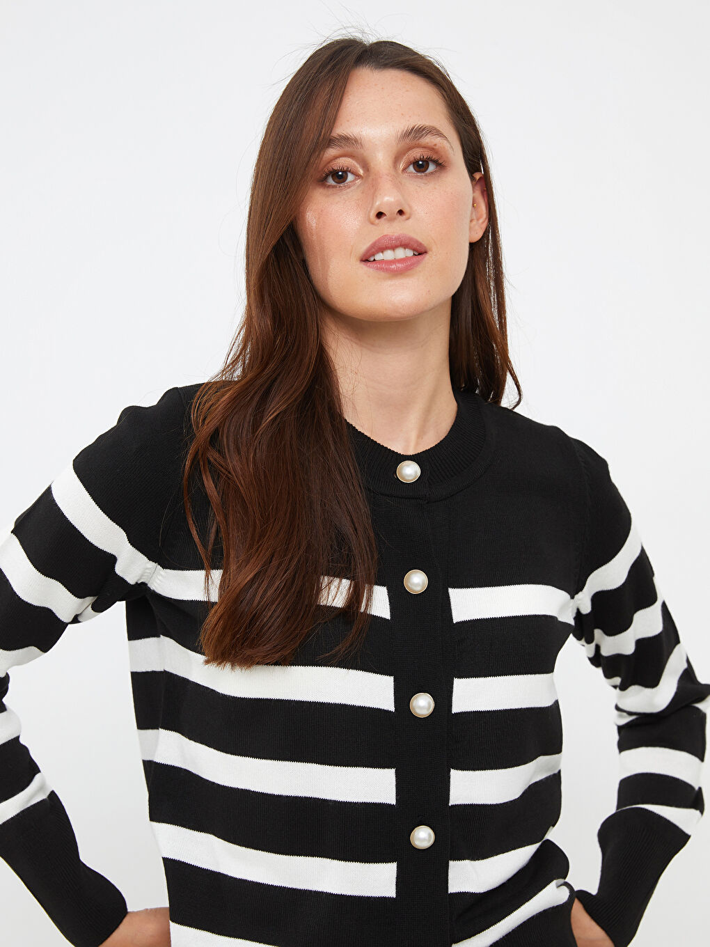 Siyah Bisiklet Yaka Çizgili Kadın Triko Hırka-2