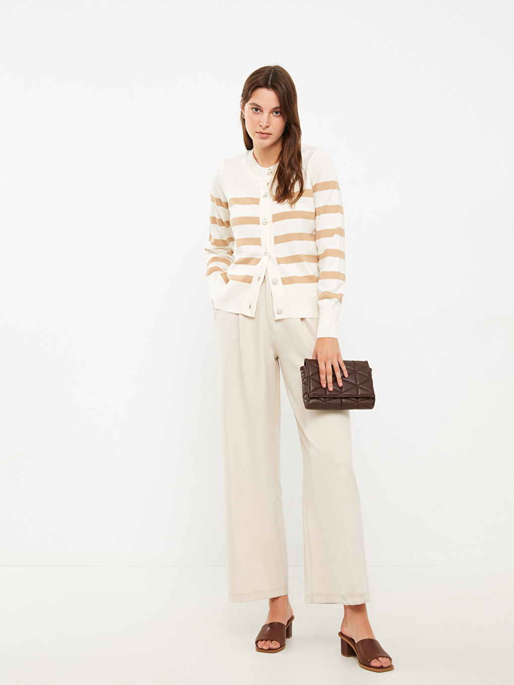 Crew Neck Striped Women's Knitwear Cardigan