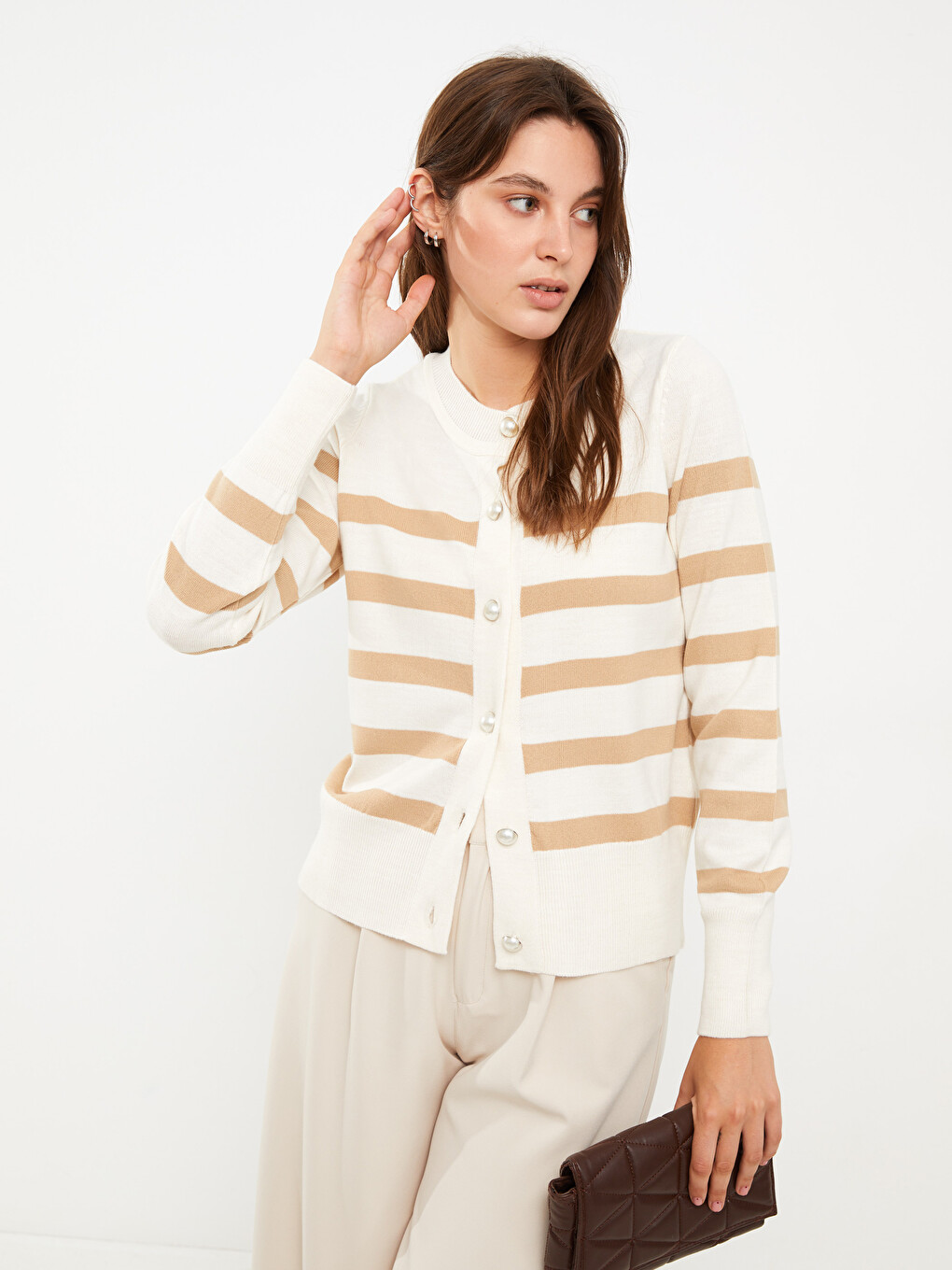 Crew Neck Striped Women's Knitwear Cardigan-1