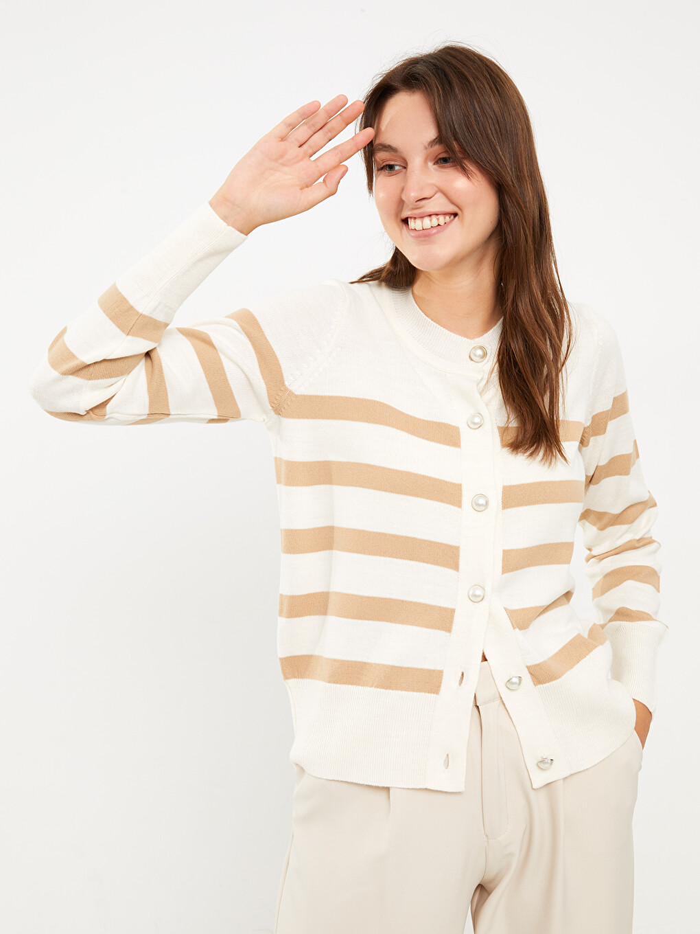 Crew Neck Striped Women's Knitwear Cardigan-2