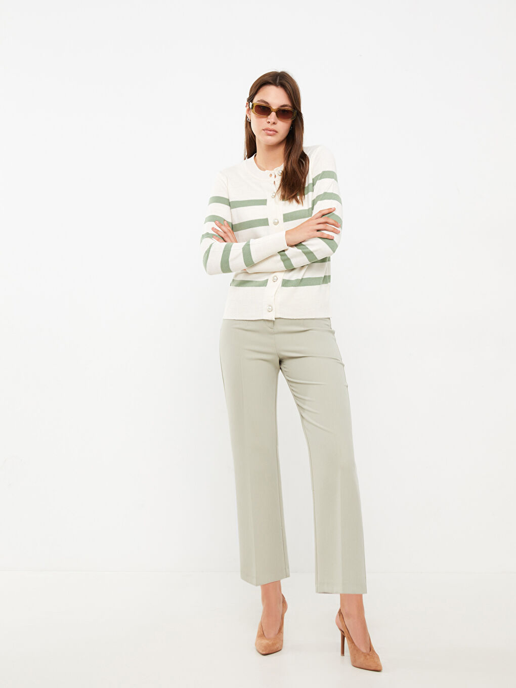 Yeşil Bisiklet Yaka Çizgili Kadın Triko Hırka