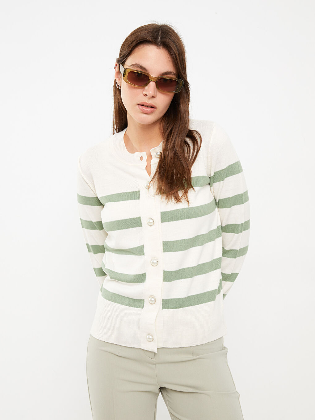 Yeşil Bisiklet Yaka Çizgili Kadın Triko Hırka-1