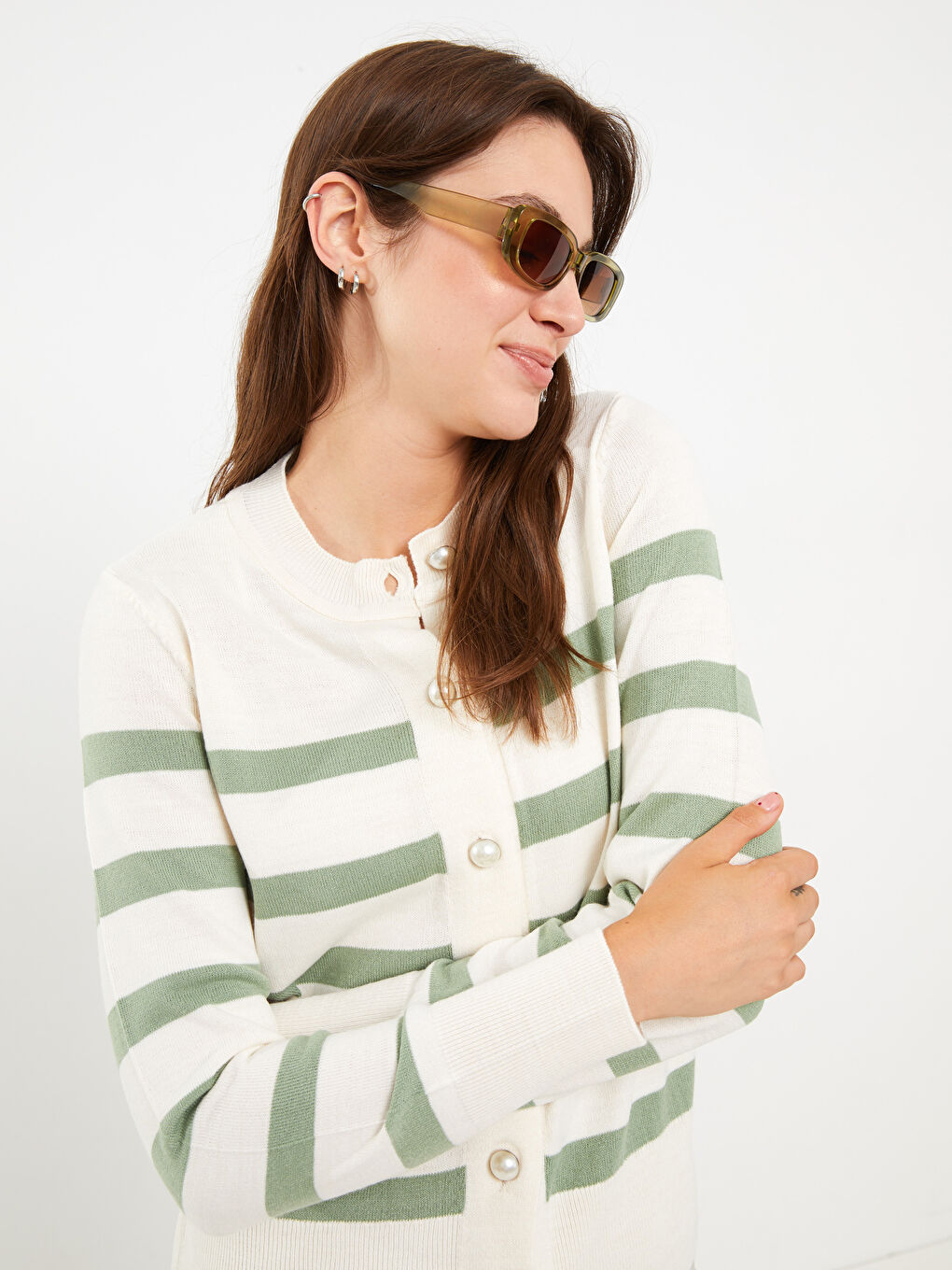 Yeşil Bisiklet Yaka Çizgili Kadın Triko Hırka-2