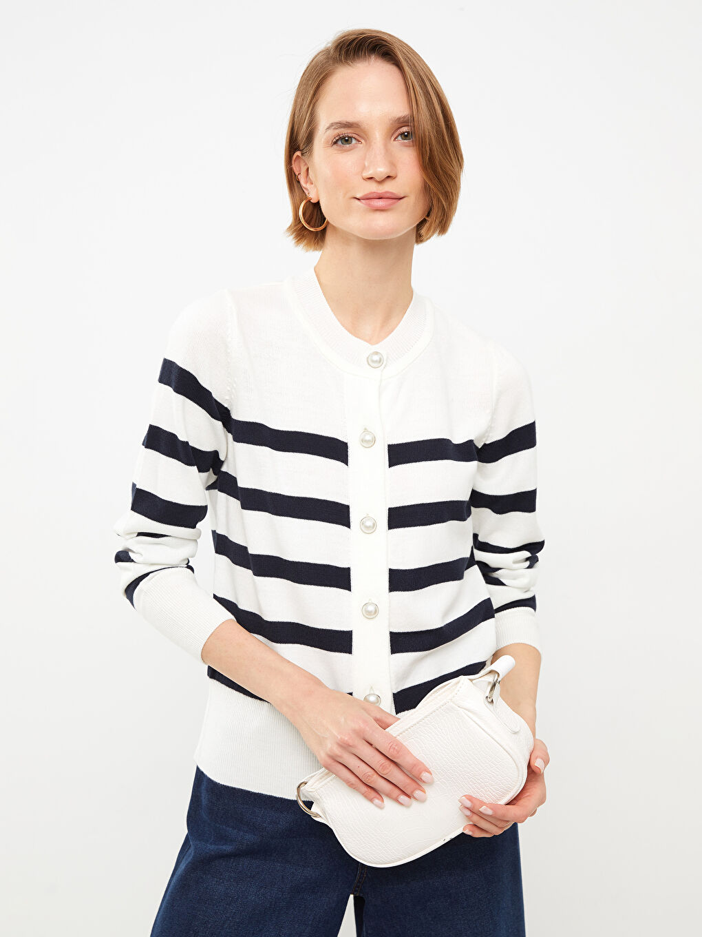 Cardigan Tricotat cu Dungi pentru Femei cu Guler Rotund