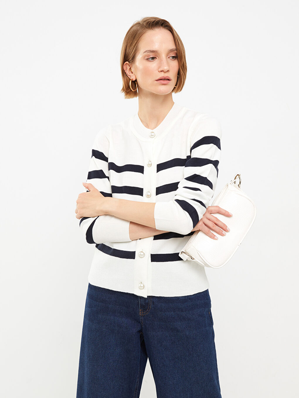 Cardigan Tricotat cu Dungi pentru Femei cu Guler Rotund-1