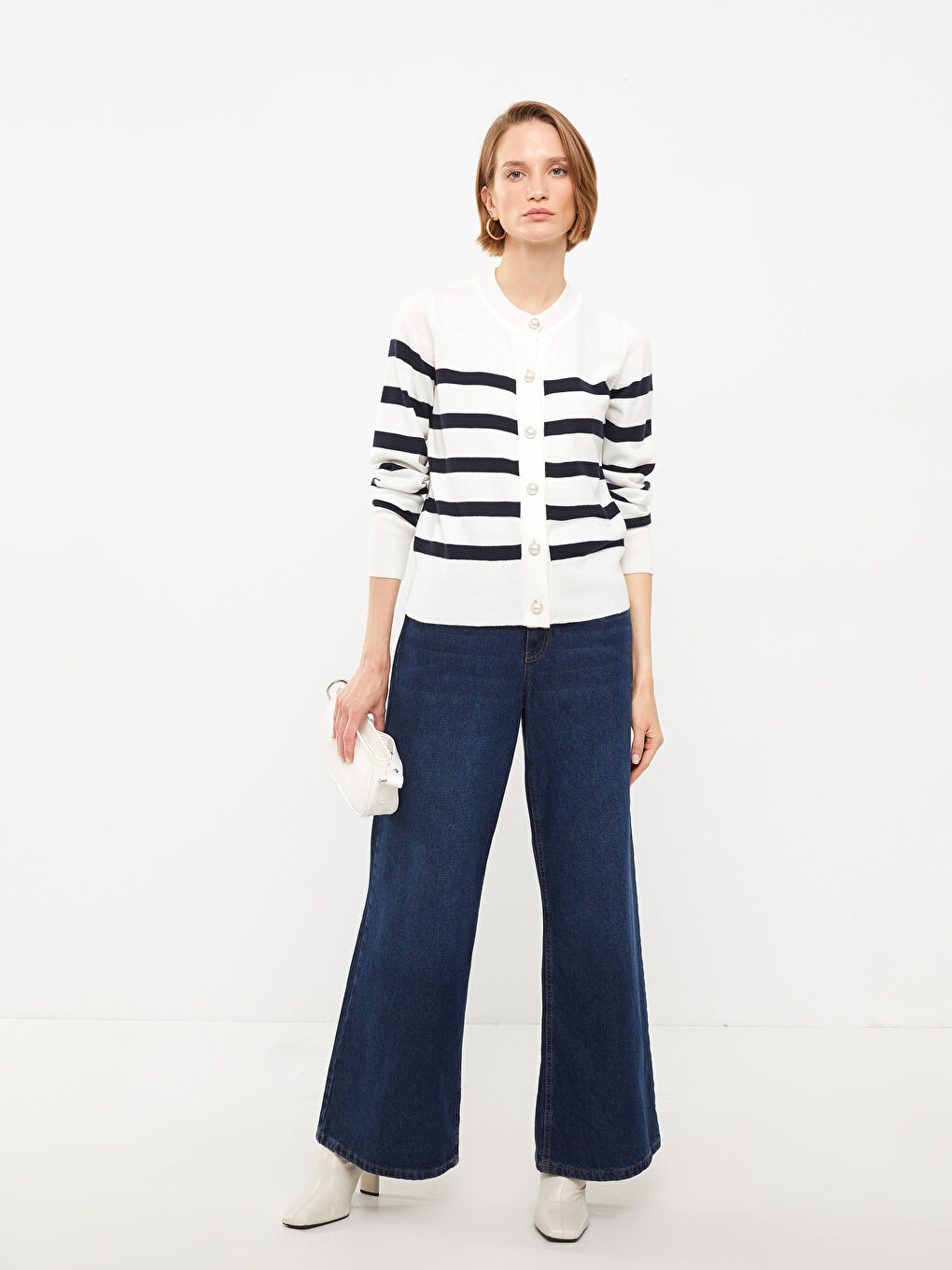 Cardigan Tricotat cu Dungi pentru Femei cu Guler Rotund-2