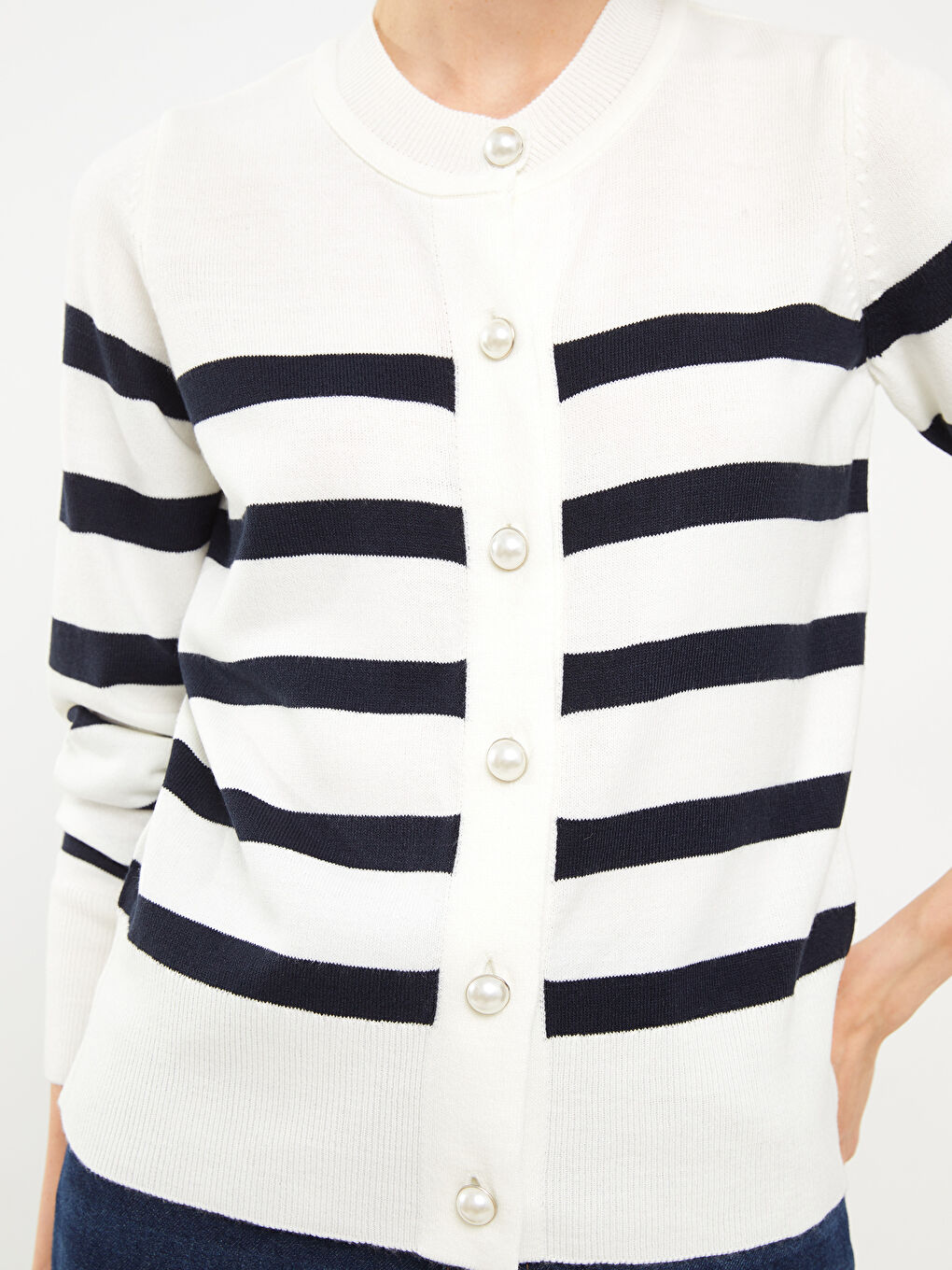 Cardigan Tricotat cu Dungi pentru Femei cu Guler Rotund-3