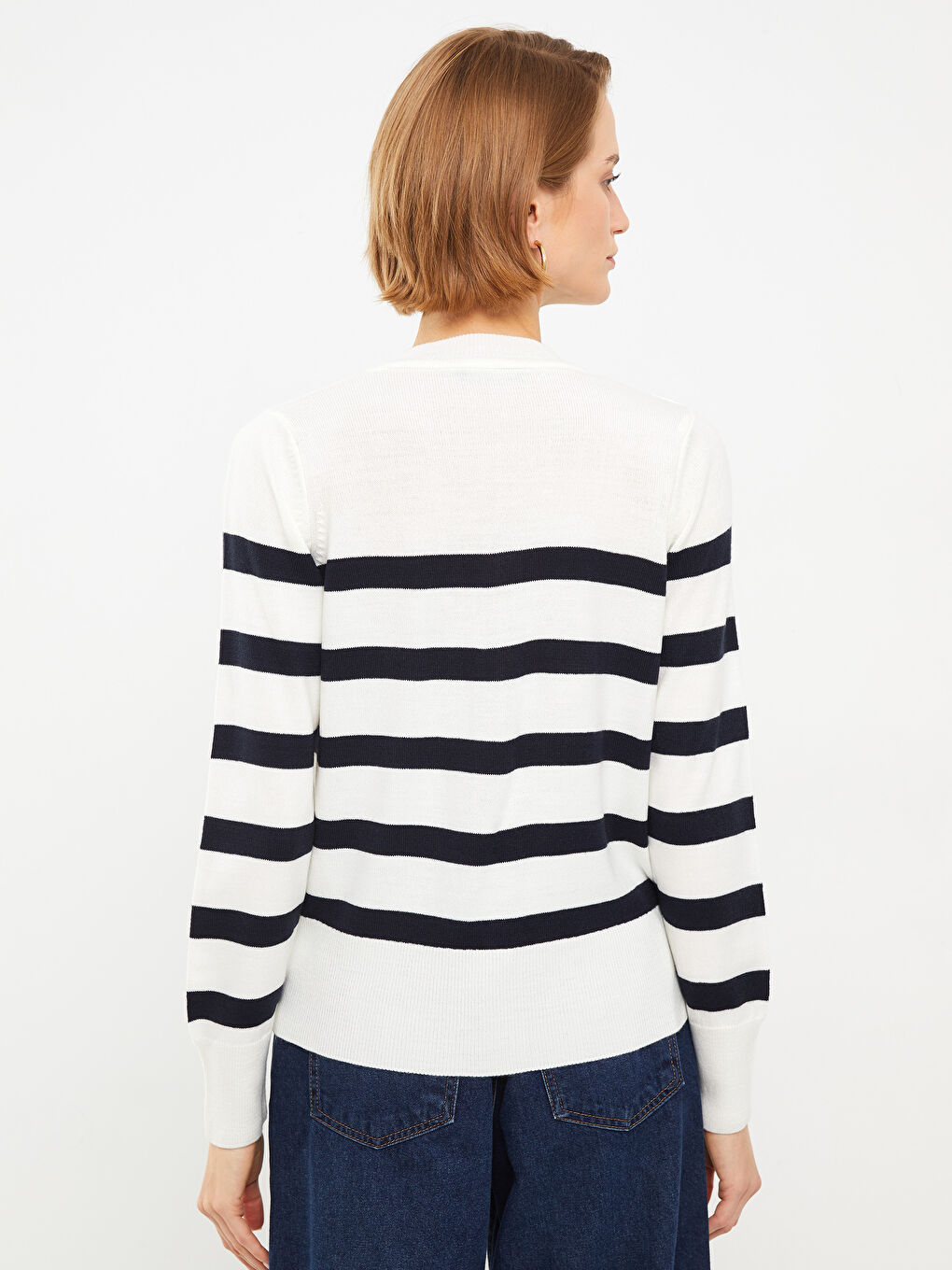 Cardigan Tricotat cu Dungi pentru Femei cu Guler Rotund-4