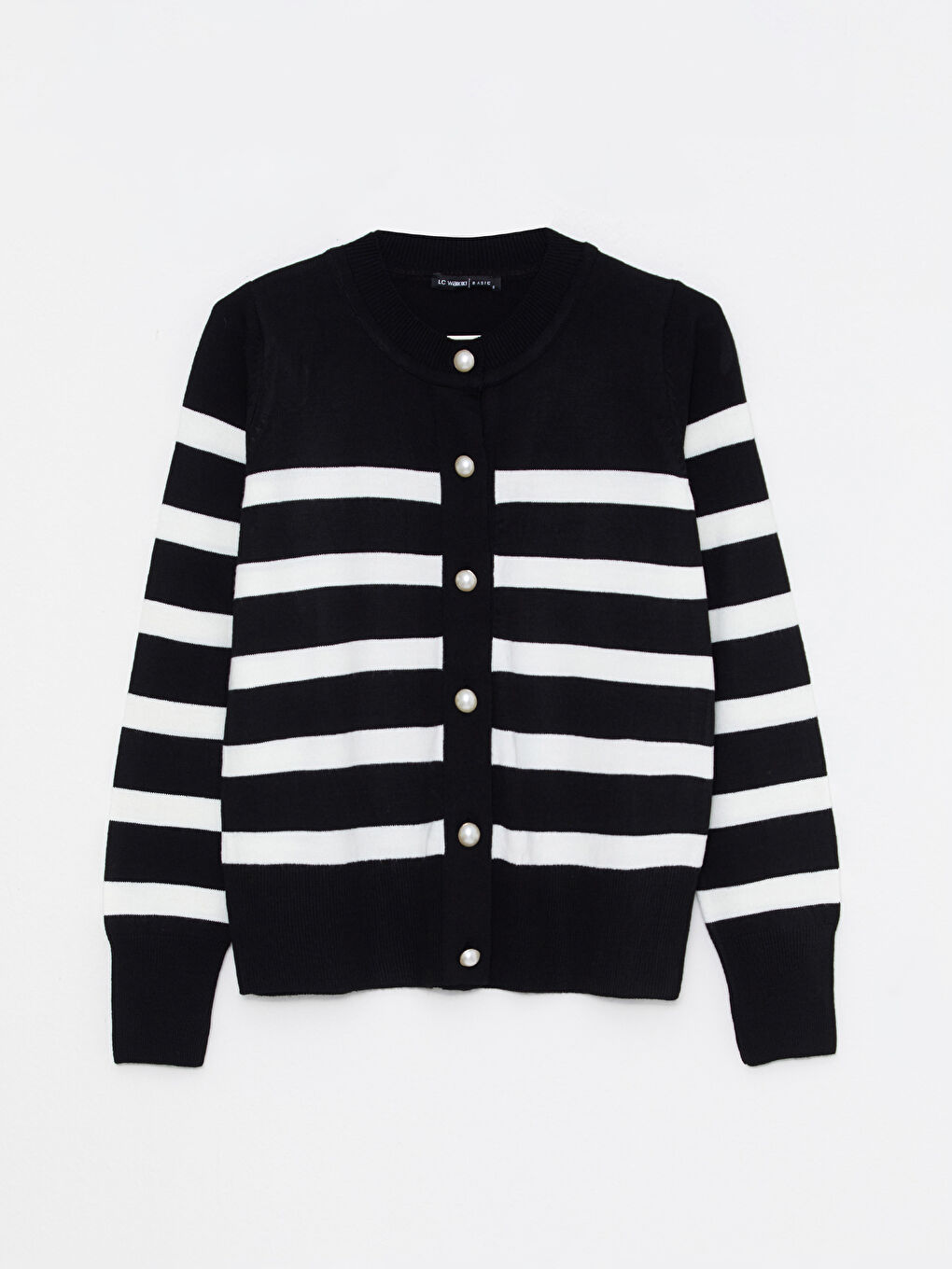 Siyah Bisiklet Yaka Çizgili Kadın Triko Hırka-5