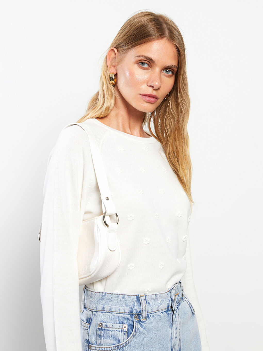 سترة تريكو بياقة دائرية بنقشة ذاتية وكم طويل للسيدات-2