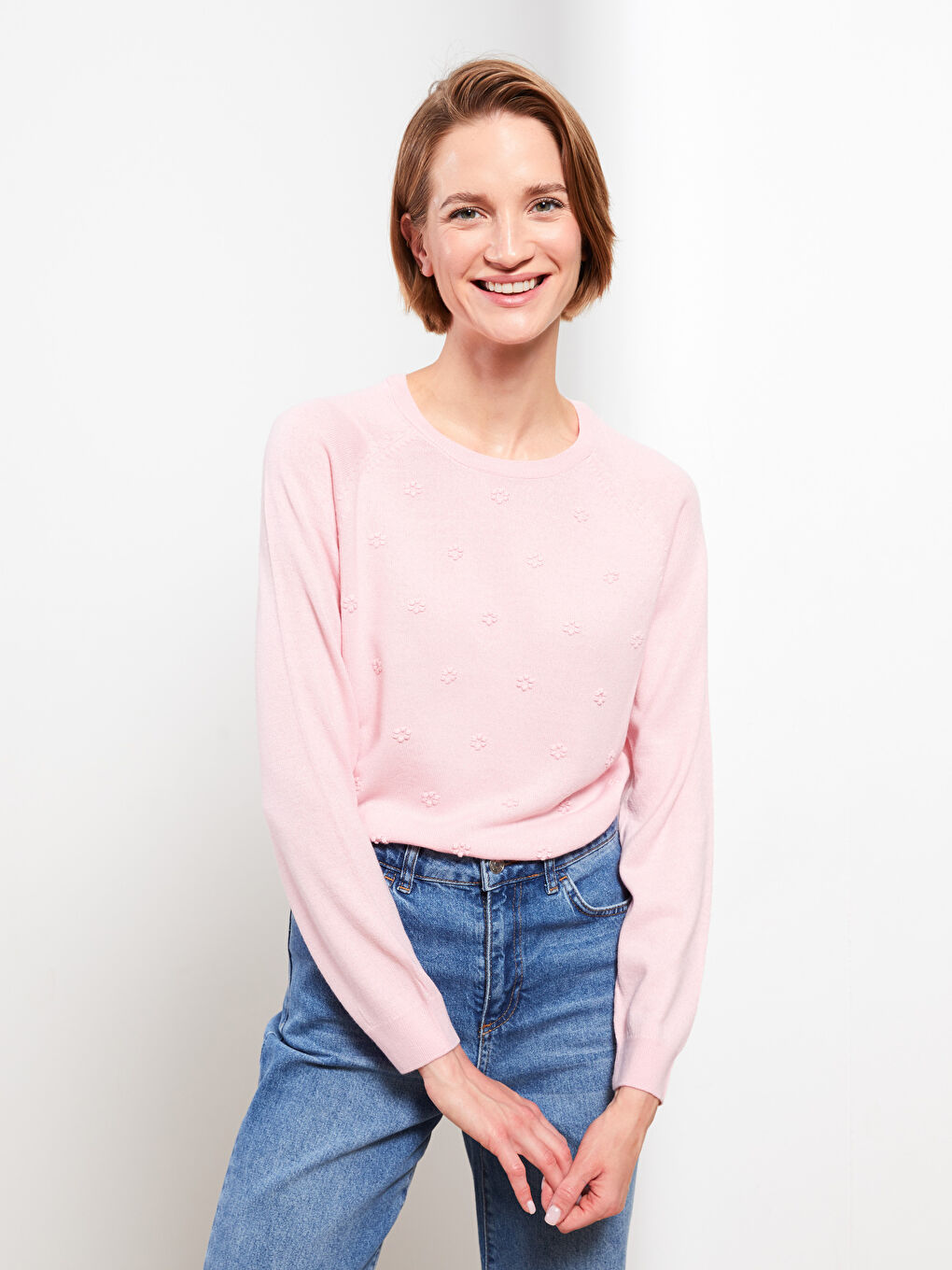 Pembe Bisiklet Yaka Kendinden Desenli Uzun Kollu Kadın Triko Kazak-1