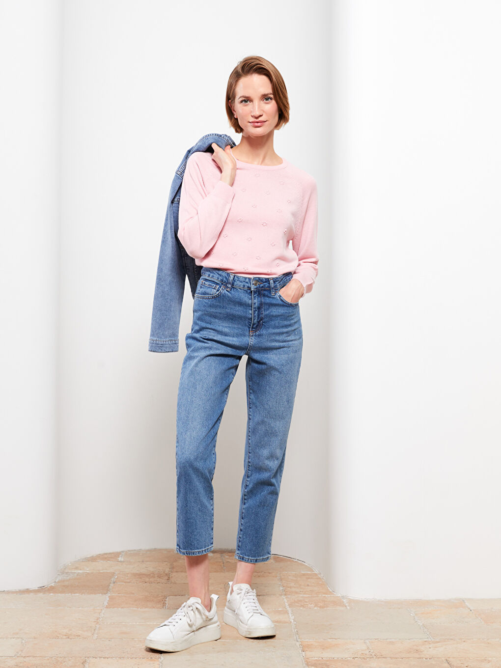 Pembe Bisiklet Yaka Kendinden Desenli Uzun Kollu Kadın Triko Kazak-2