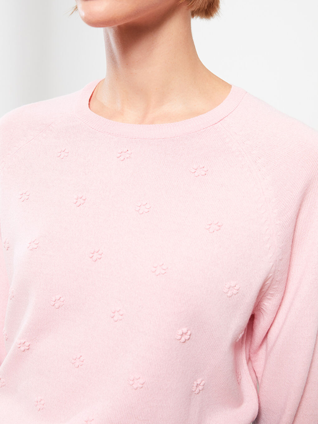 Pembe Bisiklet Yaka Kendinden Desenli Uzun Kollu Kadın Triko Kazak-3