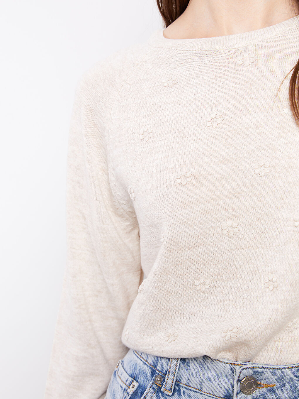 Ekru Bisiklet Yaka Kendinden Desenli Uzun Kollu Kadın Triko Kazak-2