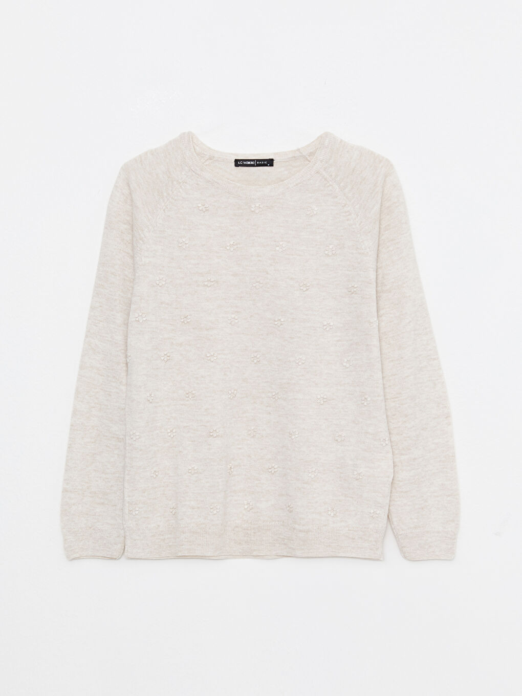 Ekru Bisiklet Yaka Kendinden Desenli Uzun Kollu Kadın Triko Kazak-4