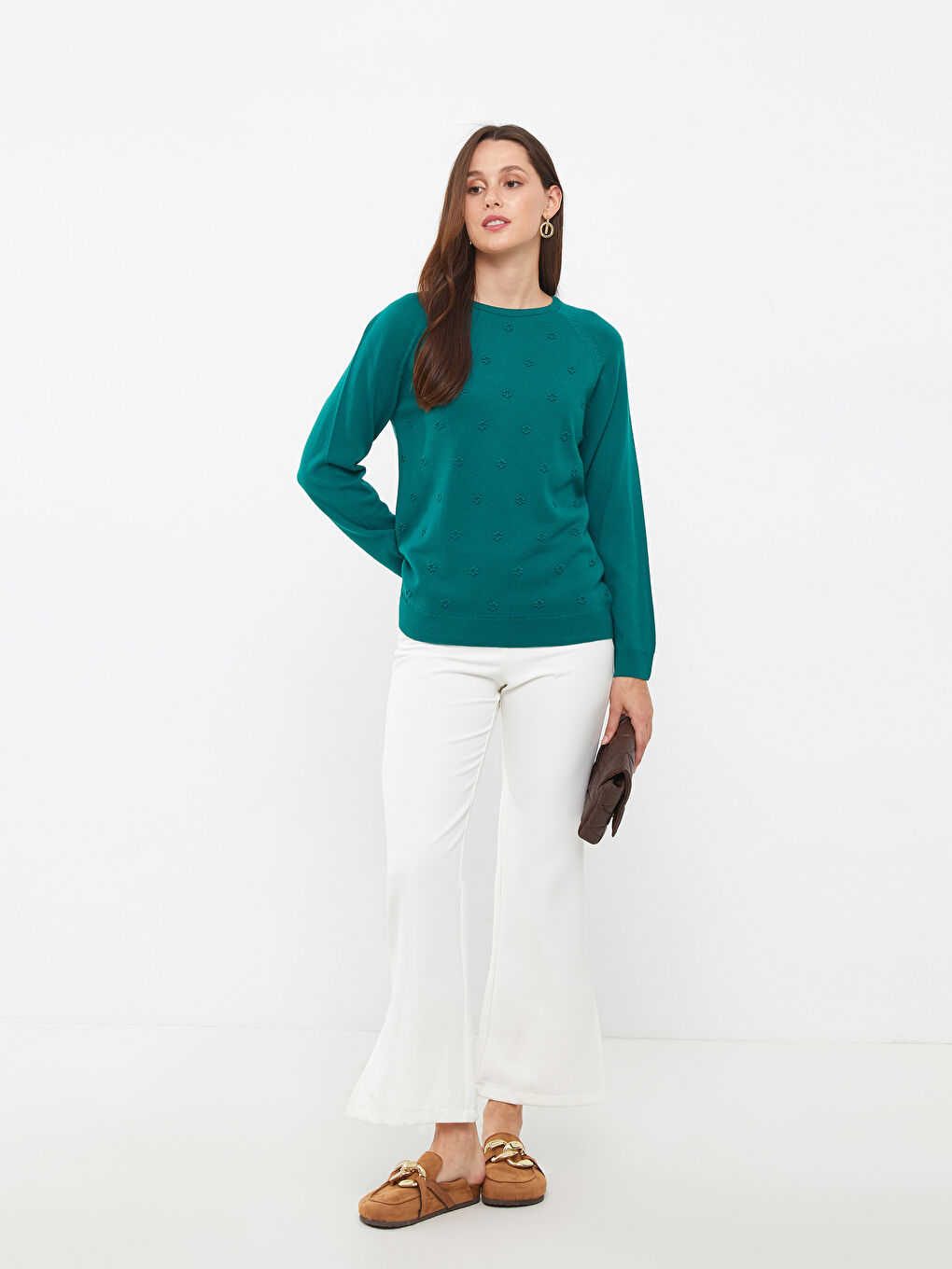 Yeşil Bisiklet Yaka Kendinden Desenli Uzun Kollu Kadın Triko Kazak