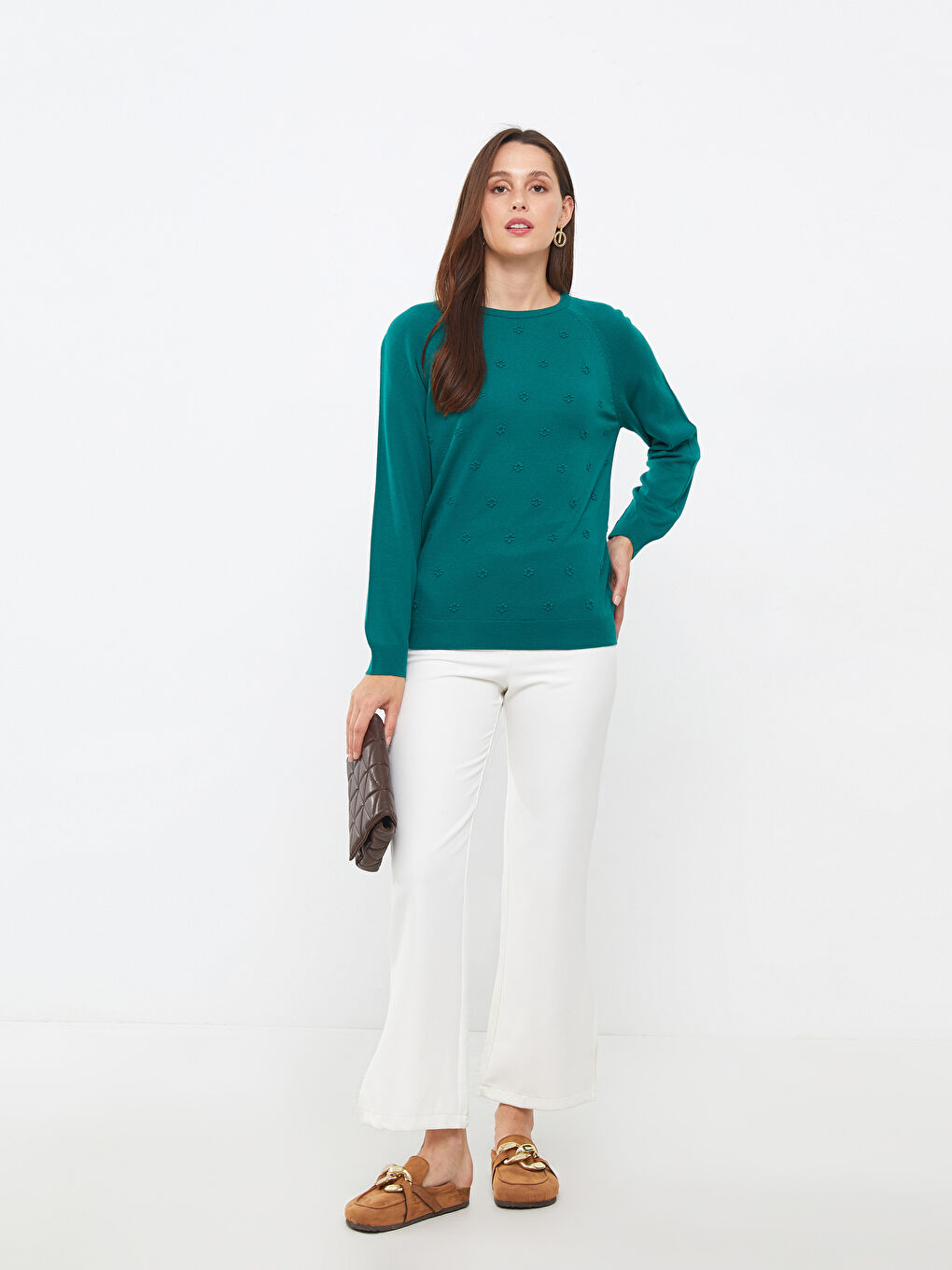 Yeşil Bisiklet Yaka Kendinden Desenli Uzun Kollu Kadın Triko Kazak-1