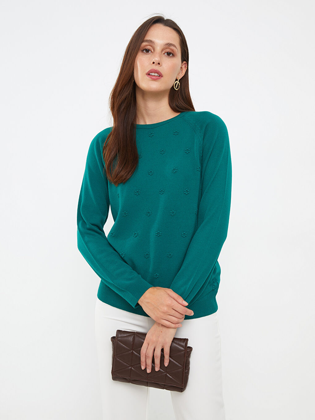 Yeşil Bisiklet Yaka Kendinden Desenli Uzun Kollu Kadın Triko Kazak-2