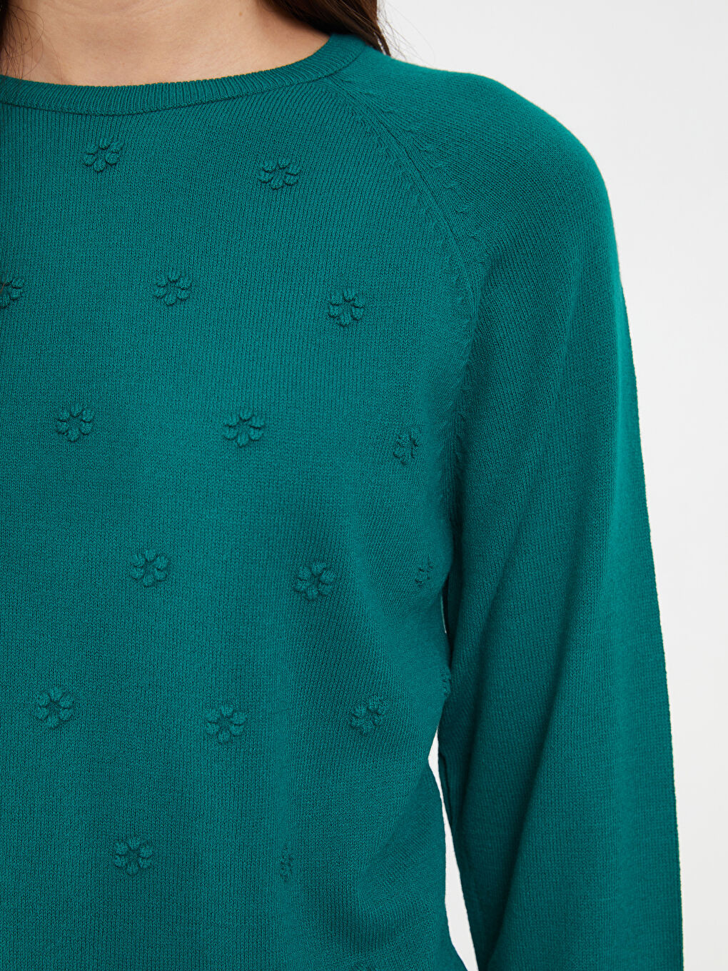 Yeşil Bisiklet Yaka Kendinden Desenli Uzun Kollu Kadın Triko Kazak-3