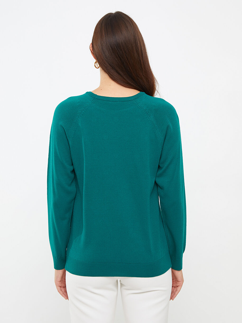 Yeşil Bisiklet Yaka Kendinden Desenli Uzun Kollu Kadın Triko Kazak-4