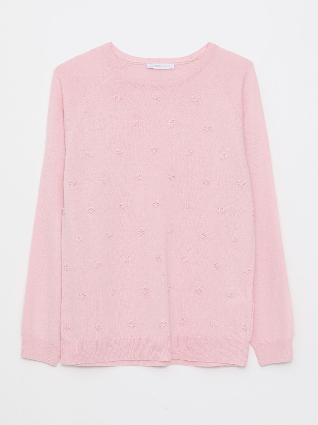 Pembe Bisiklet Yaka Kendinden Desenli Uzun Kollu Kadın Triko Kazak-5