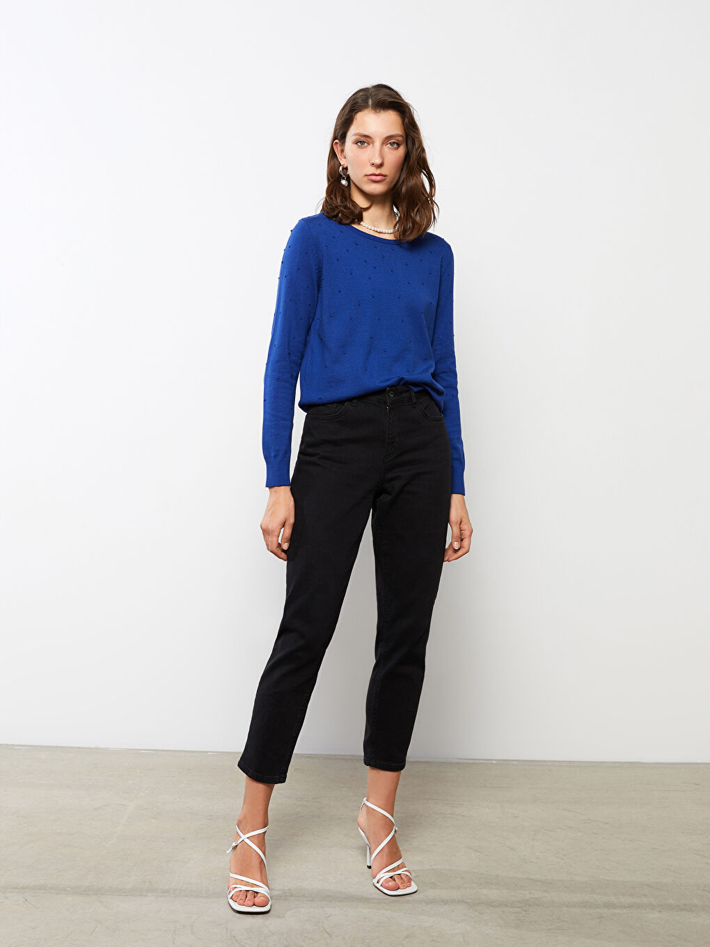 سترة تريكو بياقة دائرية بنقشة ذاتية وكم طويل للسيدات-1