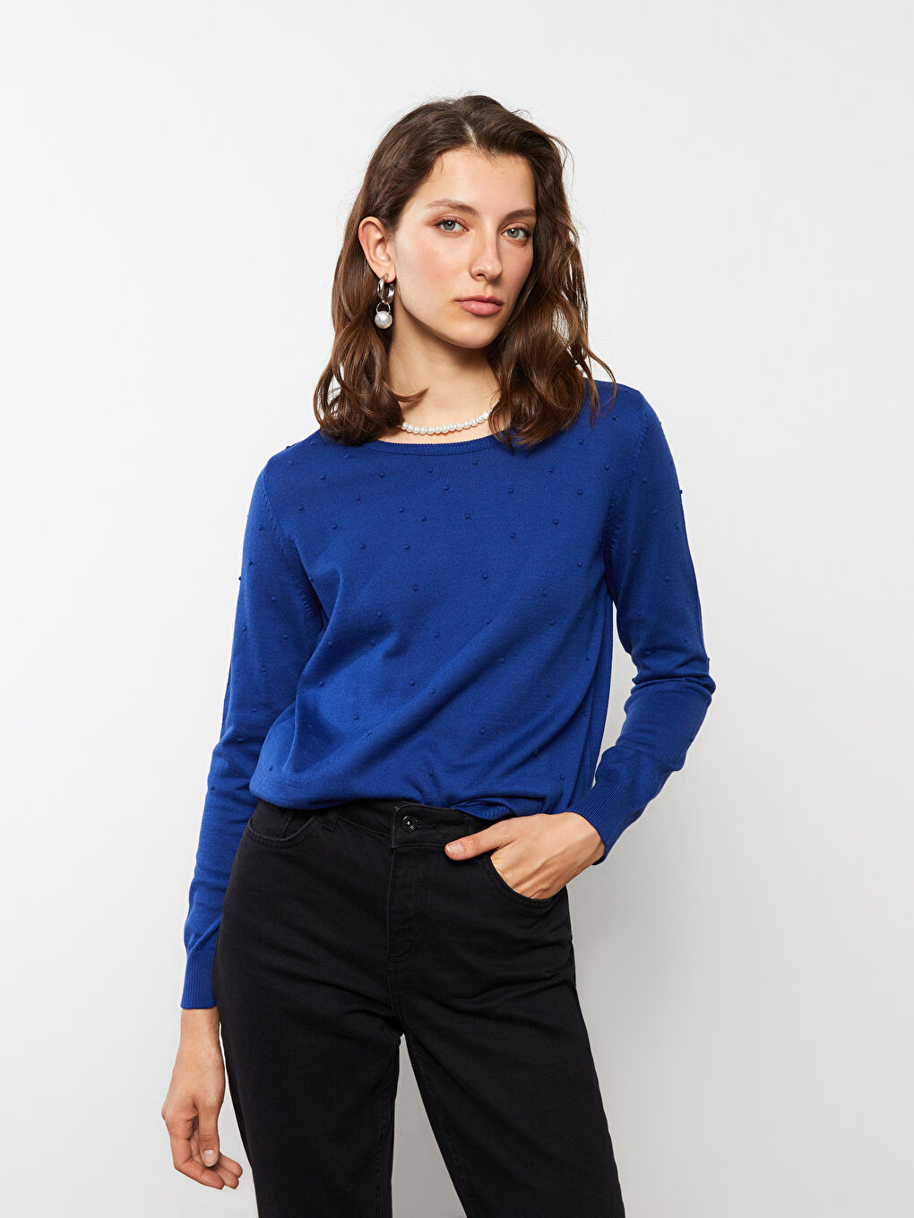 سترة تريكو بياقة دائرية بنقشة ذاتية وكم طويل للسيدات-2