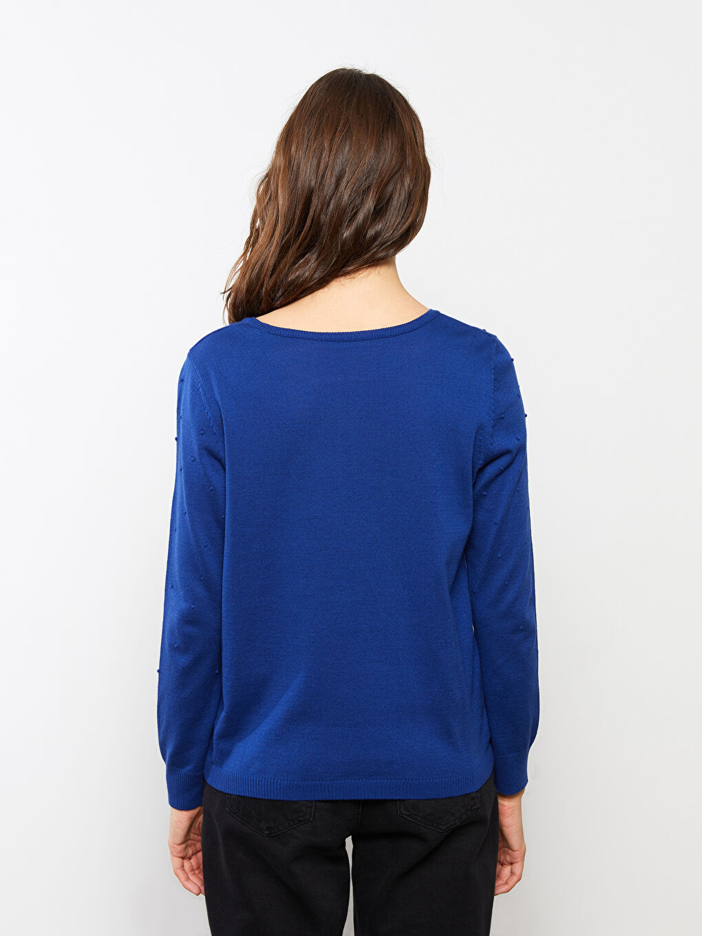 سترة تريكو بياقة دائرية بنقشة ذاتية وكم طويل للسيدات-4