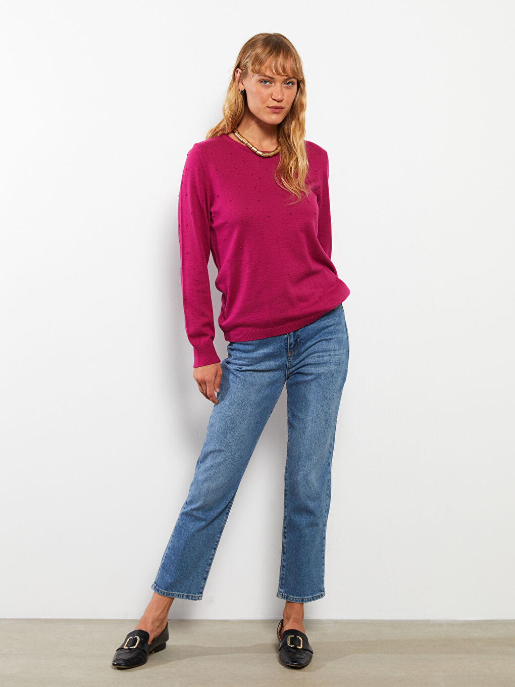 Fuşya Bisiklet Yaka Kendinden Desenli Uzun Kollu Kadın Triko Kazak-1