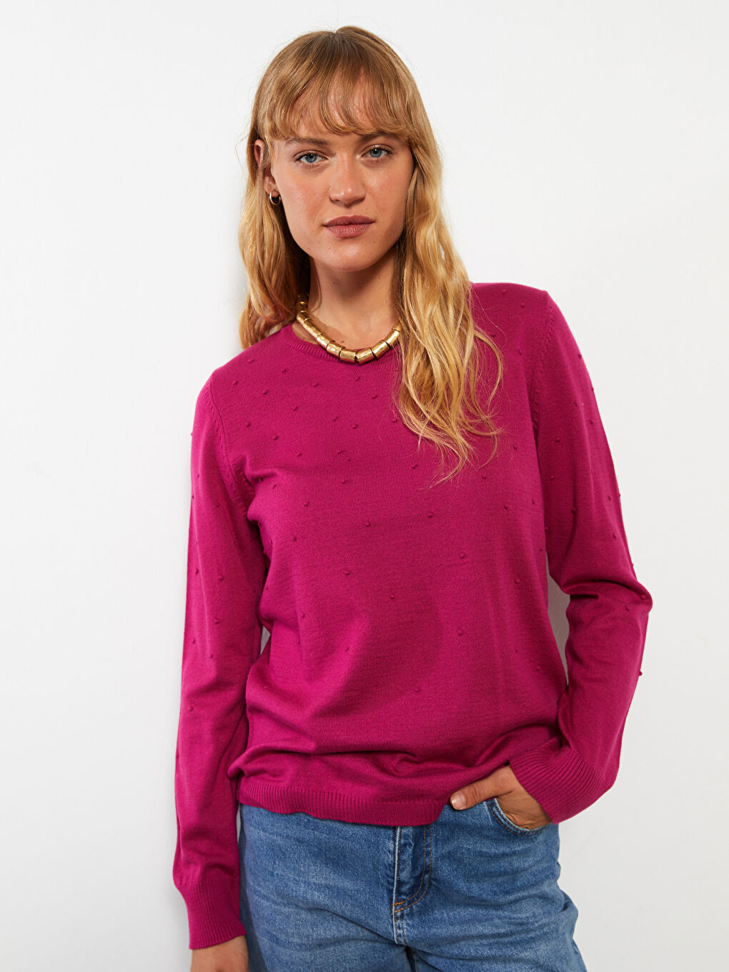 Fuşya Bisiklet Yaka Kendinden Desenli Uzun Kollu Kadın Triko Kazak-2