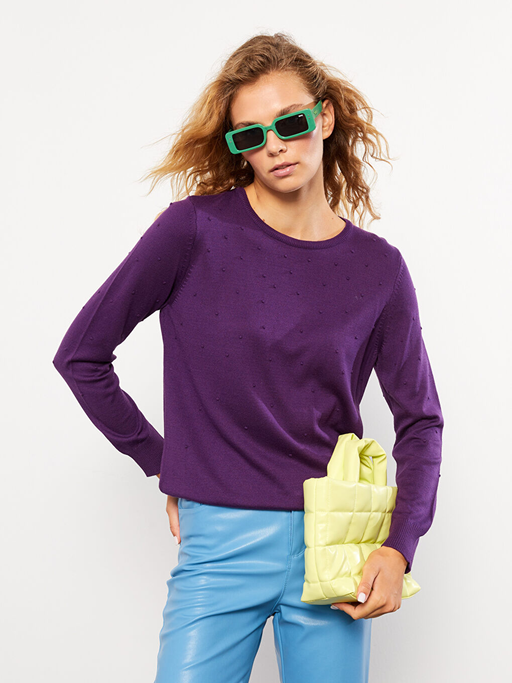 әйелдерге арналған дөңгелек жағалы өрнекті ұзын жең трикотаж жемпір-1