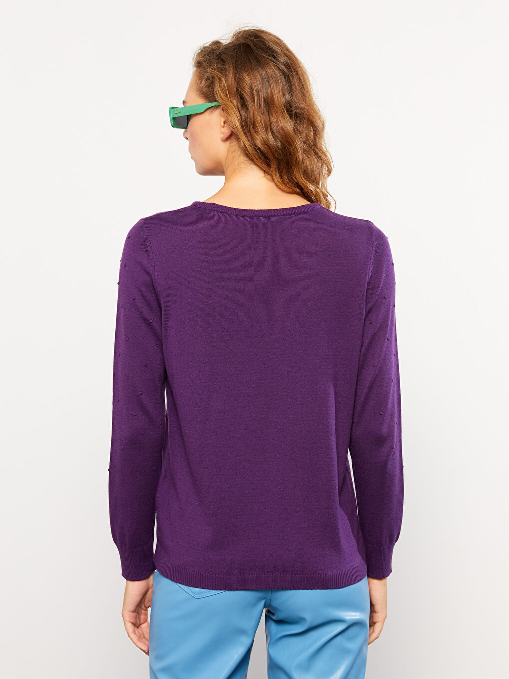 әйелдерге арналған дөңгелек жағалы өрнекті ұзын жең трикотаж жемпір-4