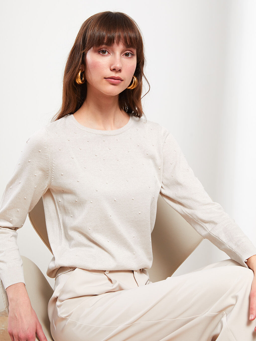 Bej Bisiklet Yaka Kendinden Desenli Uzun Kollu Kadın Triko Kazak