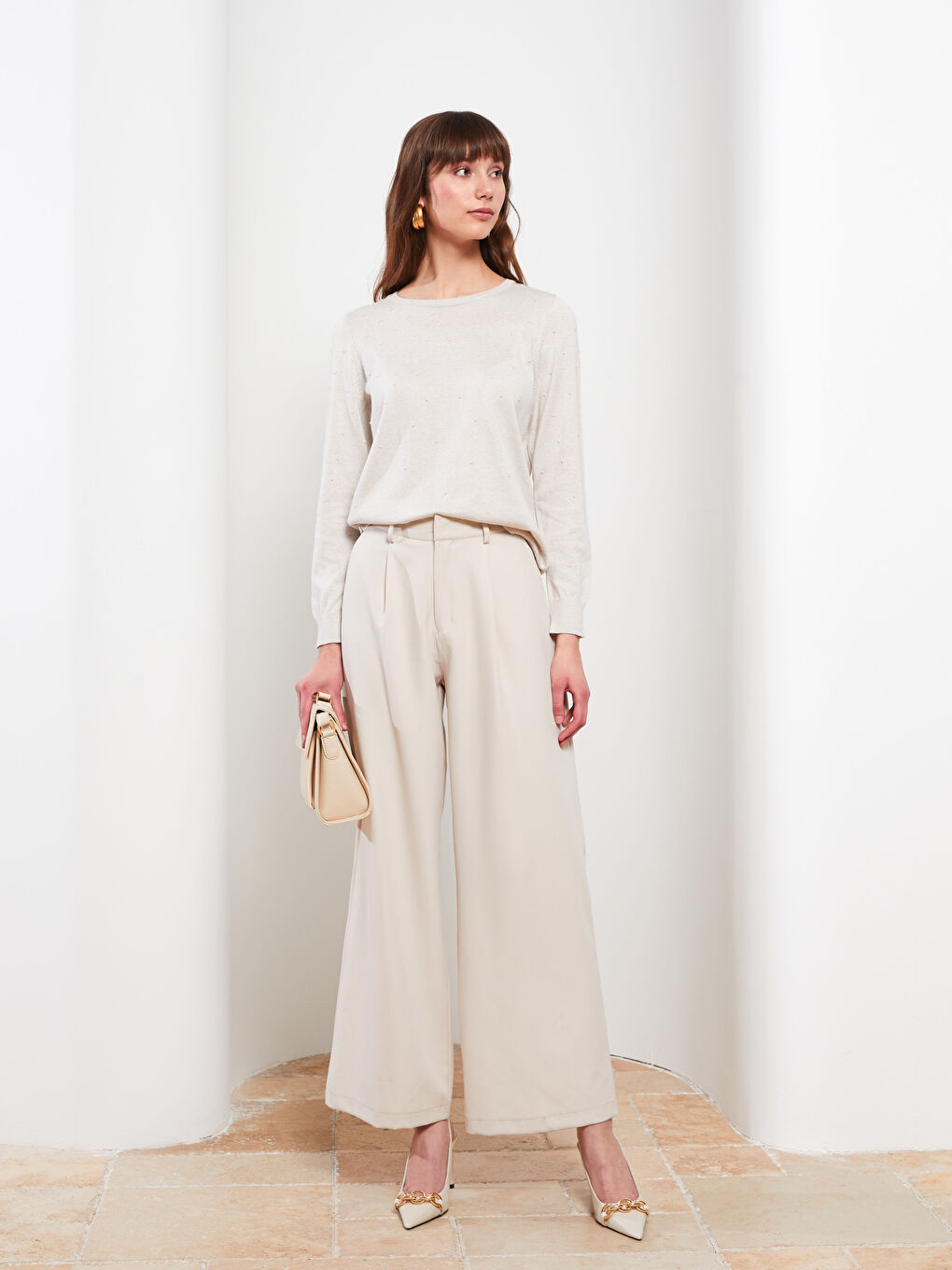 Bej Bisiklet Yaka Kendinden Desenli Uzun Kollu Kadın Triko Kazak-2