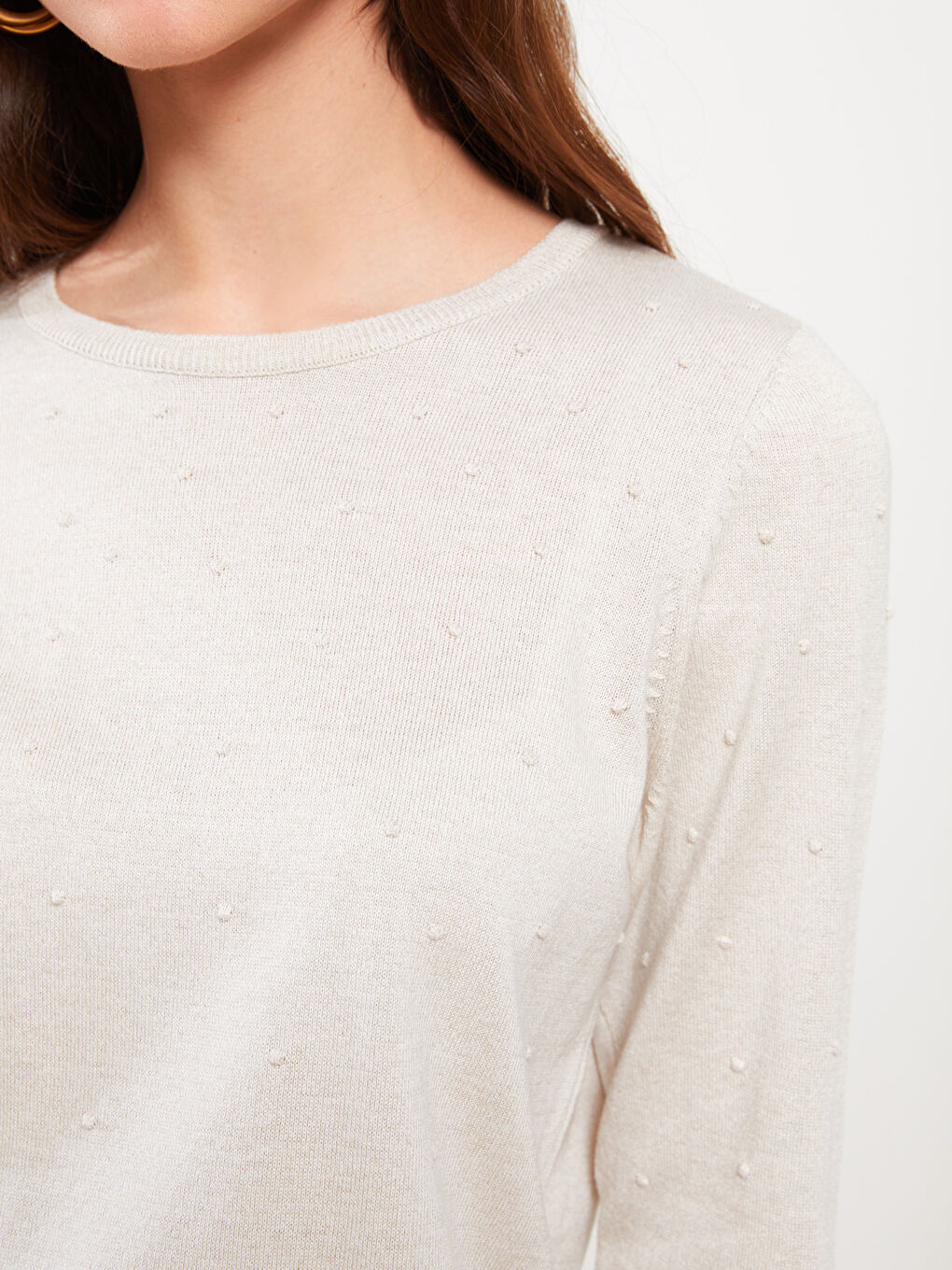 Bej Bisiklet Yaka Kendinden Desenli Uzun Kollu Kadın Triko Kazak-3