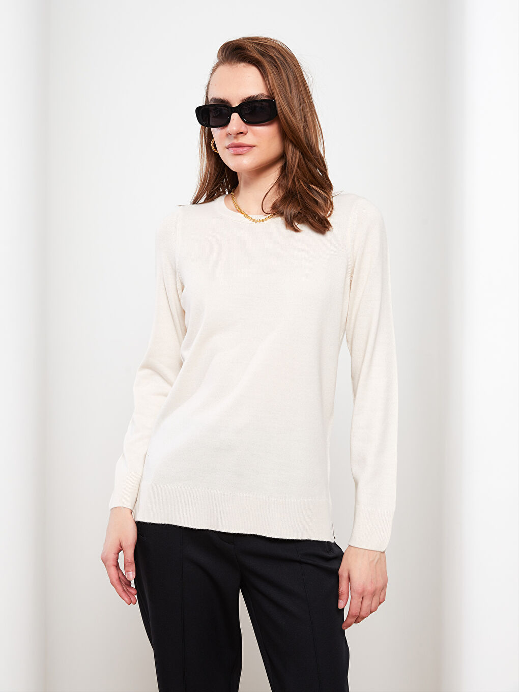 Gri Bisiklet Yaka Düz Uzun Kollu Kadın Kazak