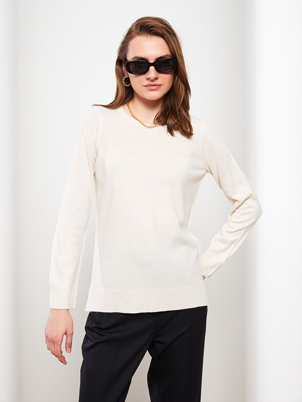 Gri Bisiklet Yaka Düz Uzun Kollu Kadın Kazak-1