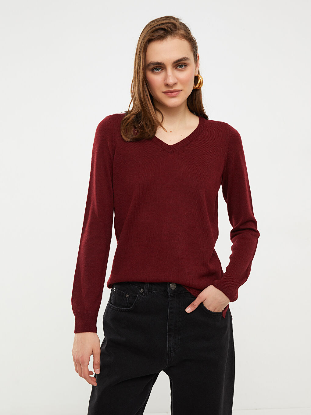 Bordo V Yaka Düz Uzun Kollu Kadın Triko Kazak-2