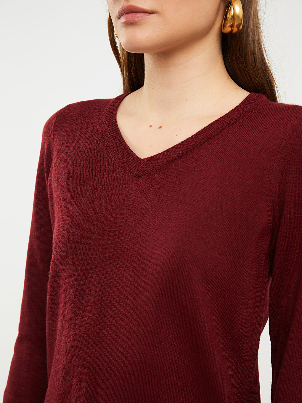 Bordo V Yaka Düz Uzun Kollu Kadın Triko Kazak-3