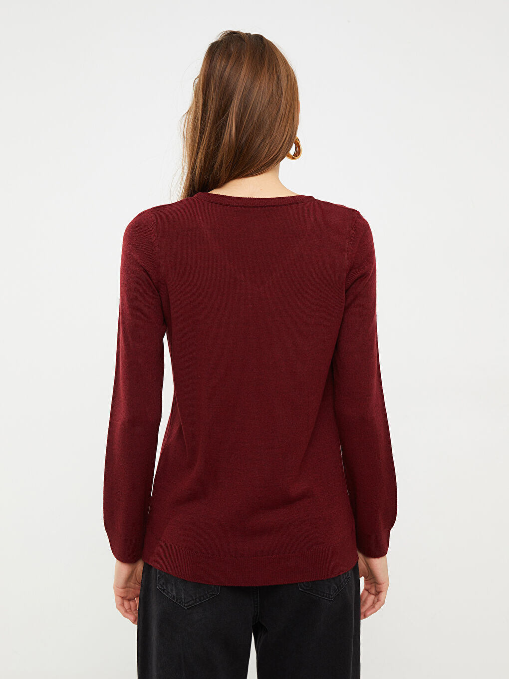 Bordo V Yaka Düz Uzun Kollu Kadın Triko Kazak-4