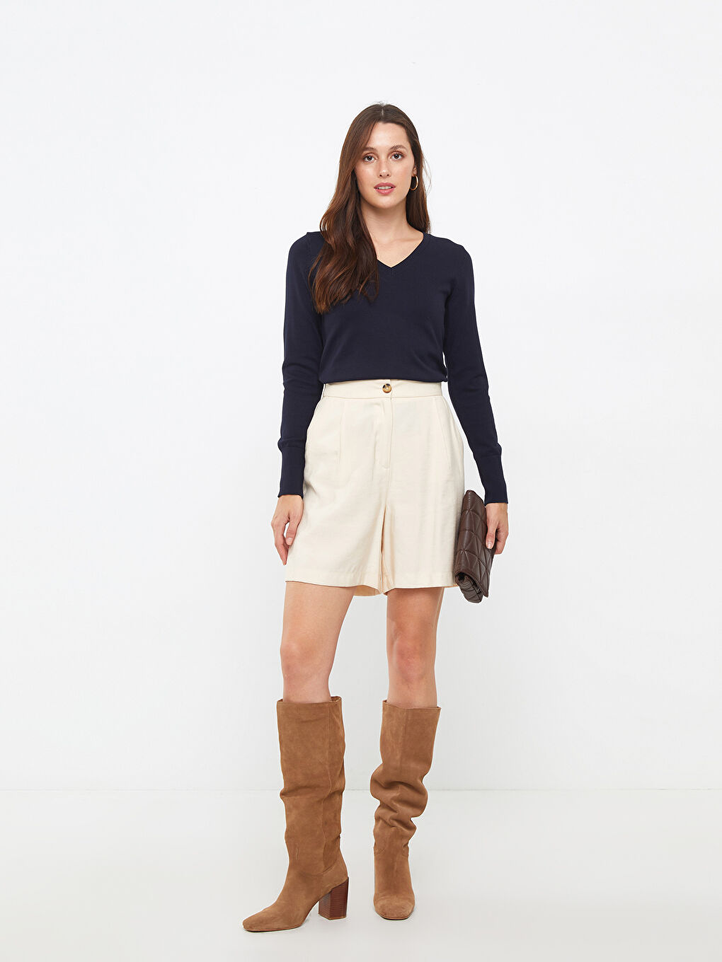 Lacivert V Yaka Düz Uzun Kollu Kadın Triko Kazak-2