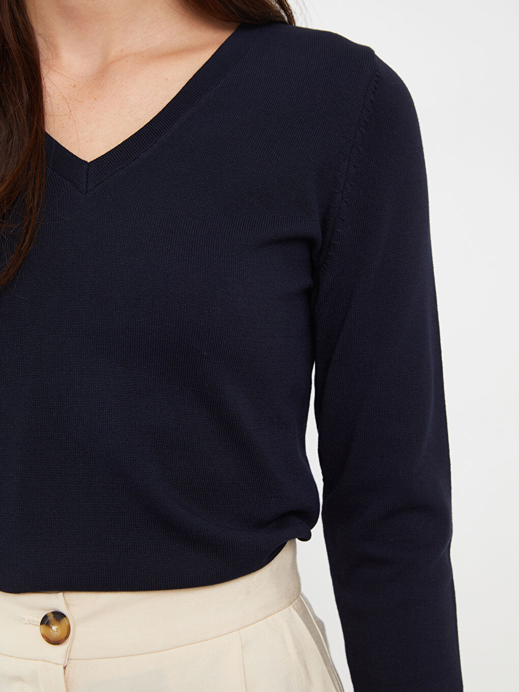 Lacivert V Yaka Düz Uzun Kollu Kadın Triko Kazak-3