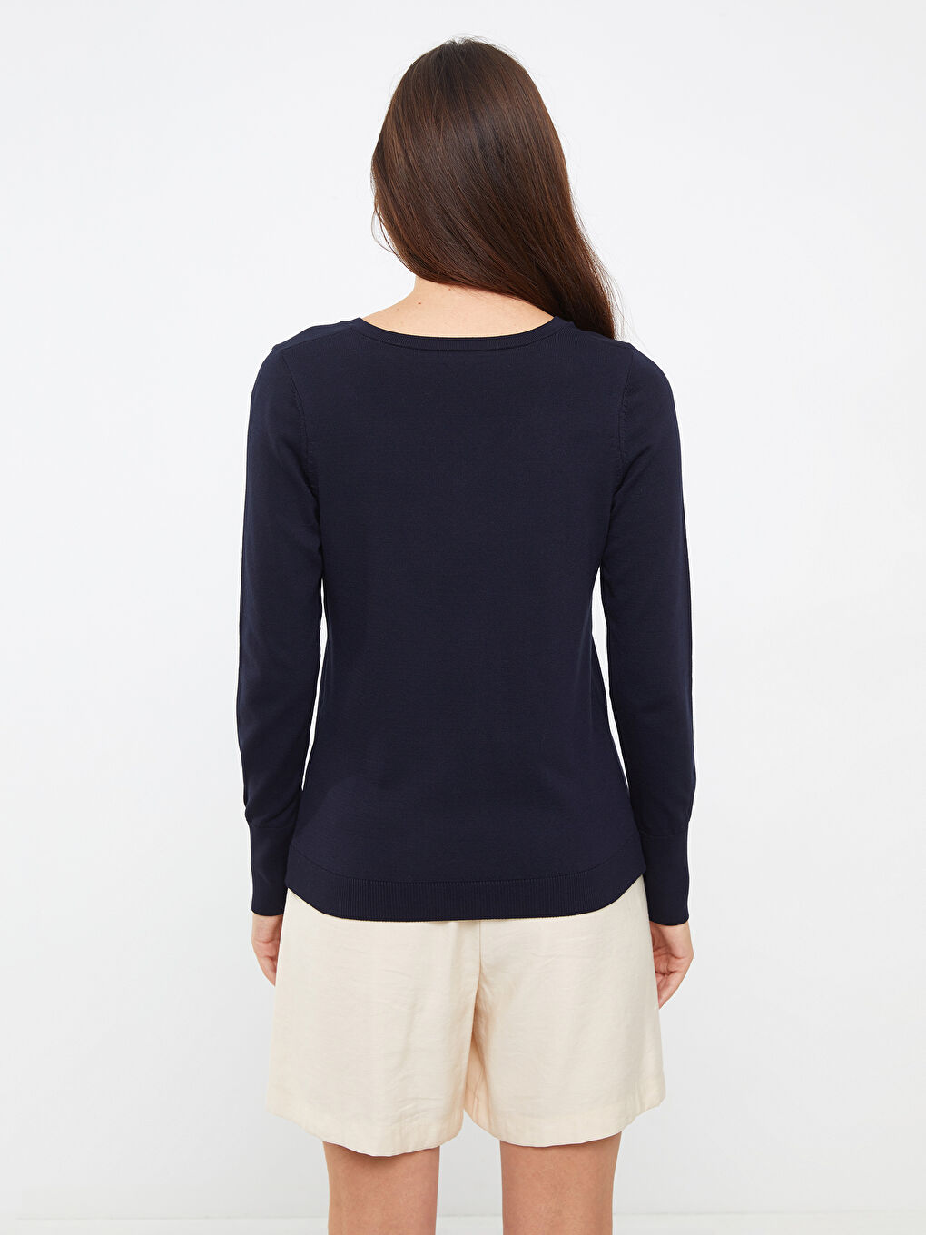 Lacivert V Yaka Düz Uzun Kollu Kadın Triko Kazak-4