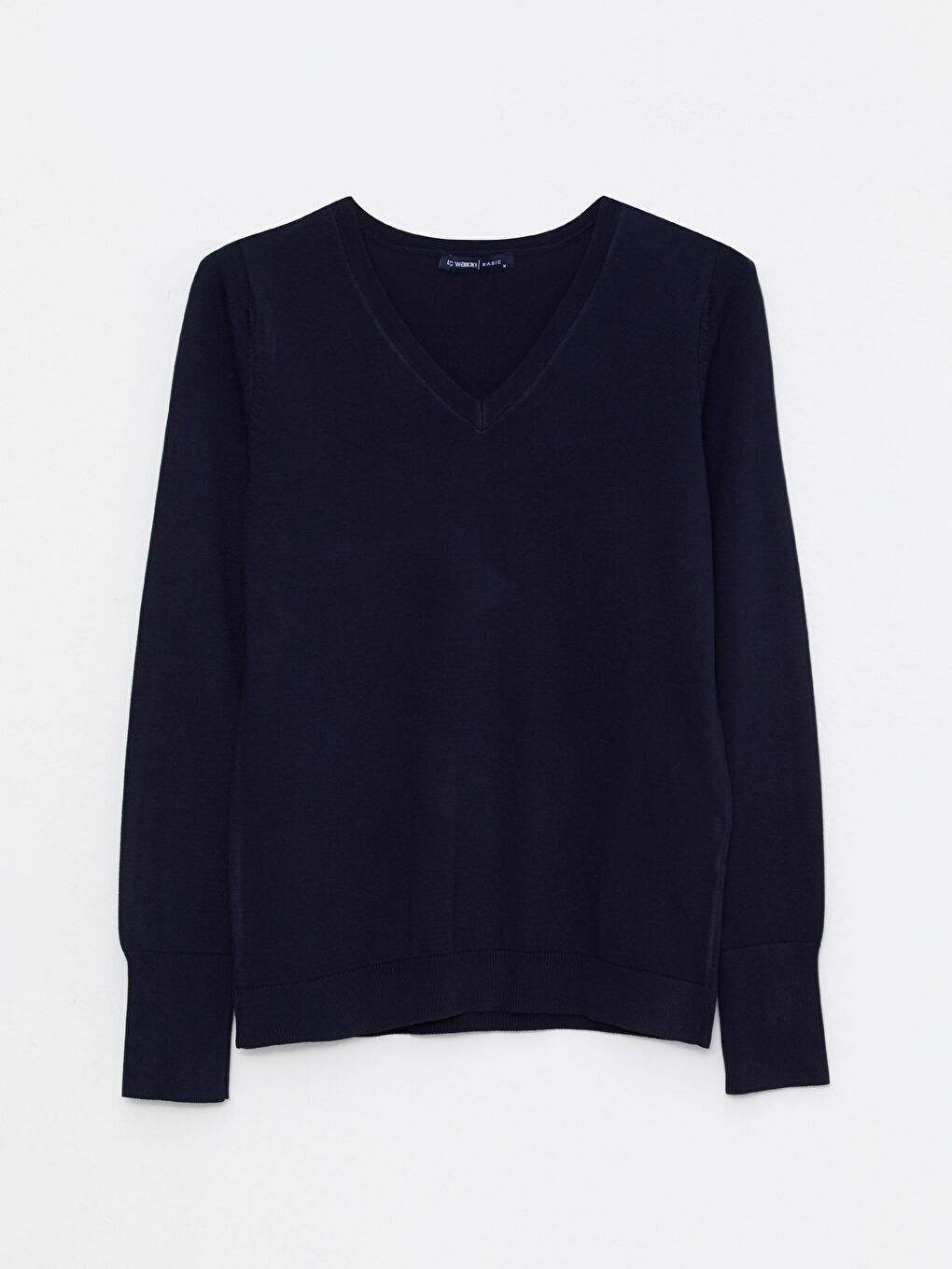 Lacivert V Yaka Düz Uzun Kollu Kadın Triko Kazak-5