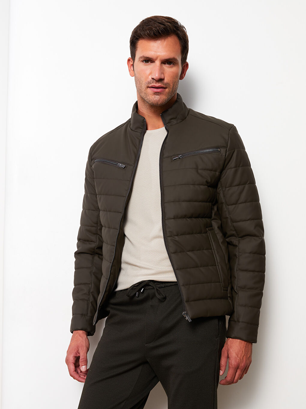 Palton pentru Bărbați Slim Fit cu Guler Tip Pâlnie din Piele Ecologică-1