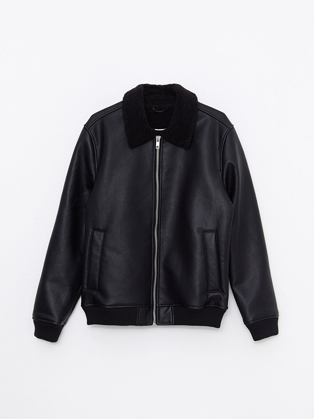 Siyah Standart Kalıp Gömlek Yaka Erkek Deri Görünümlü Mont-5