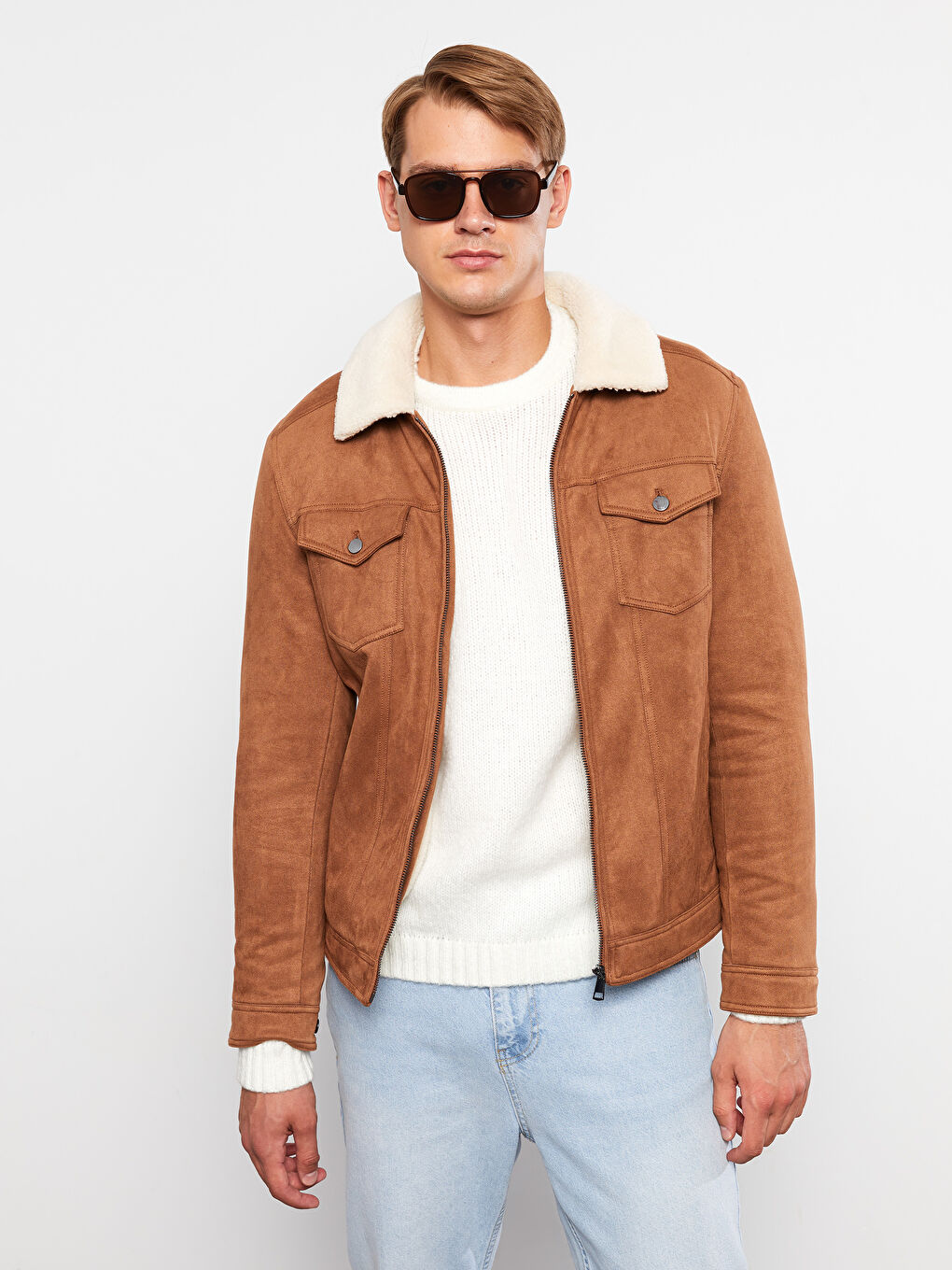 بالطو جلد شمواه بياقة قميص عادي للرجال