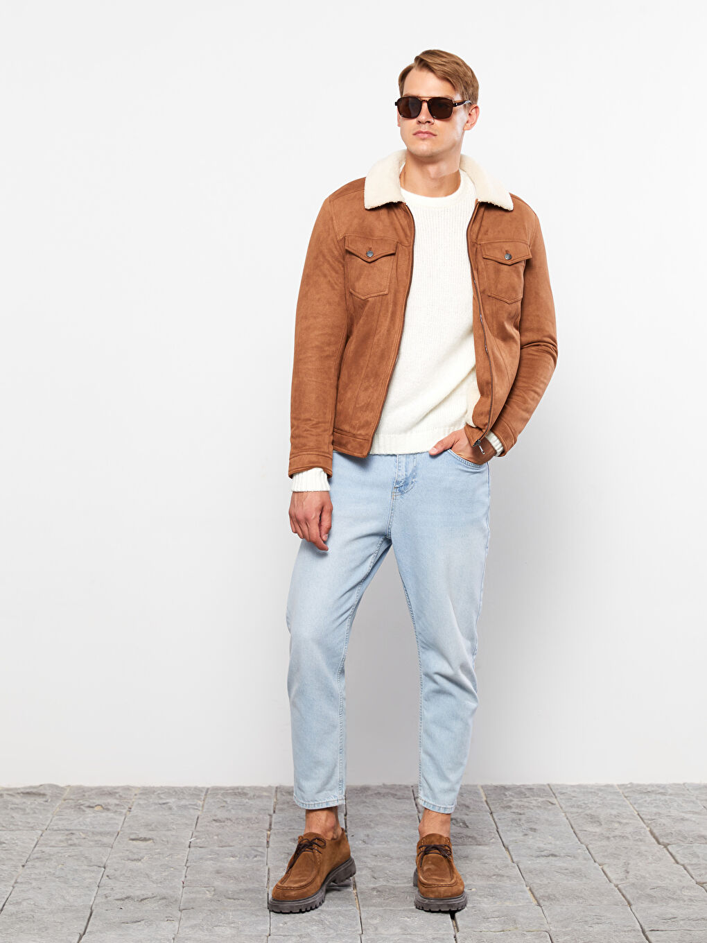 بالطو جلد شمواه بياقة قميص عادي للرجال-1